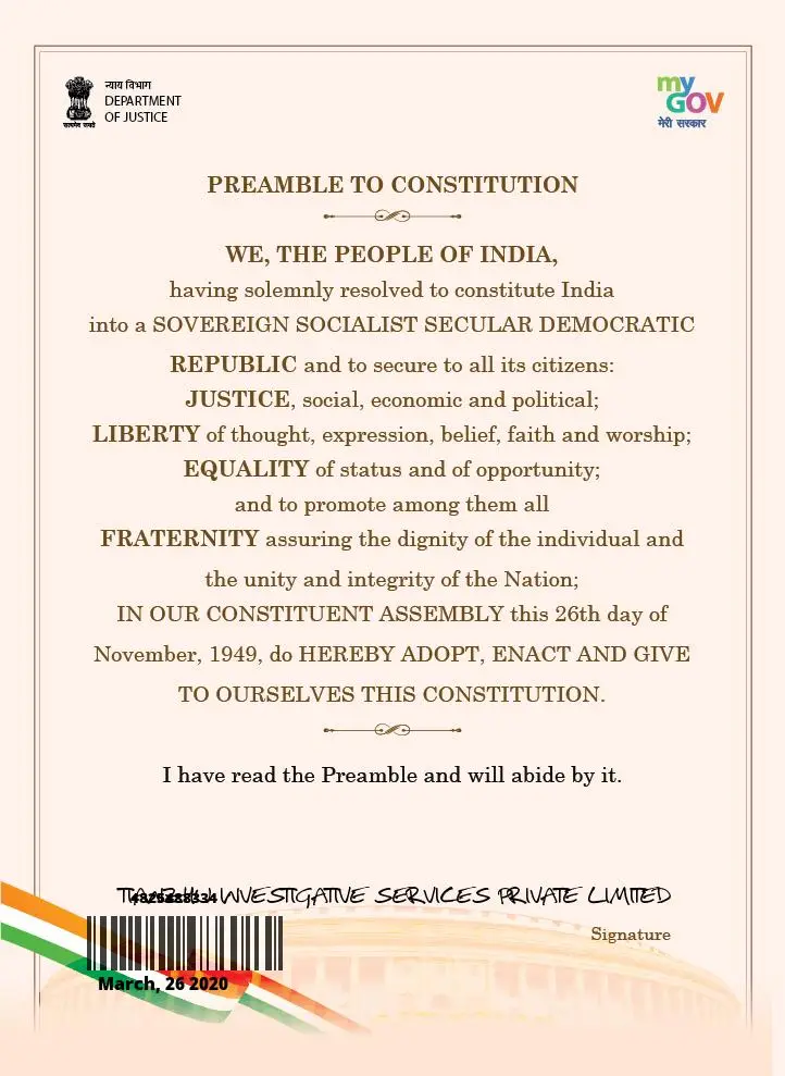 Certificate for Preamble to Constitution.