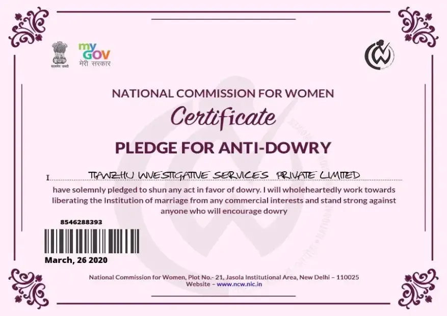 Certificate Pledge For Anti-Dowry 2020.