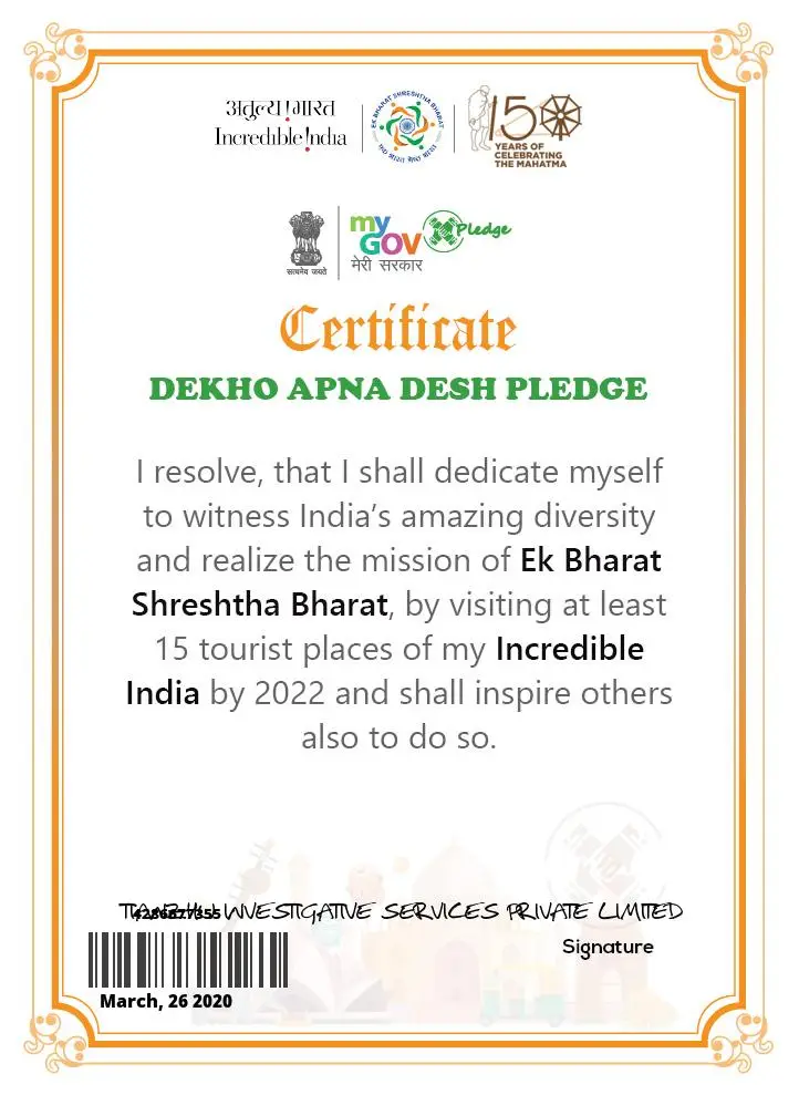 Certificate Dekho Apna Desh Pledge 2020.