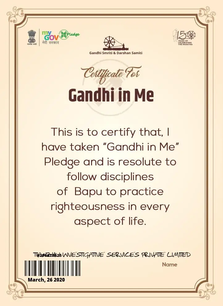 Certificate for Gandhi in Me 2020.